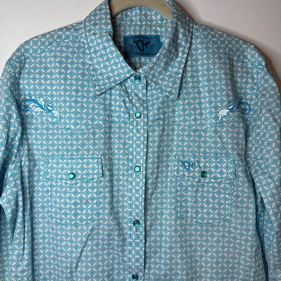 Cowgirl Hardware Blue Pearl Snap Shirt Embroidered Western Christian Cross - Picture 2 of 8